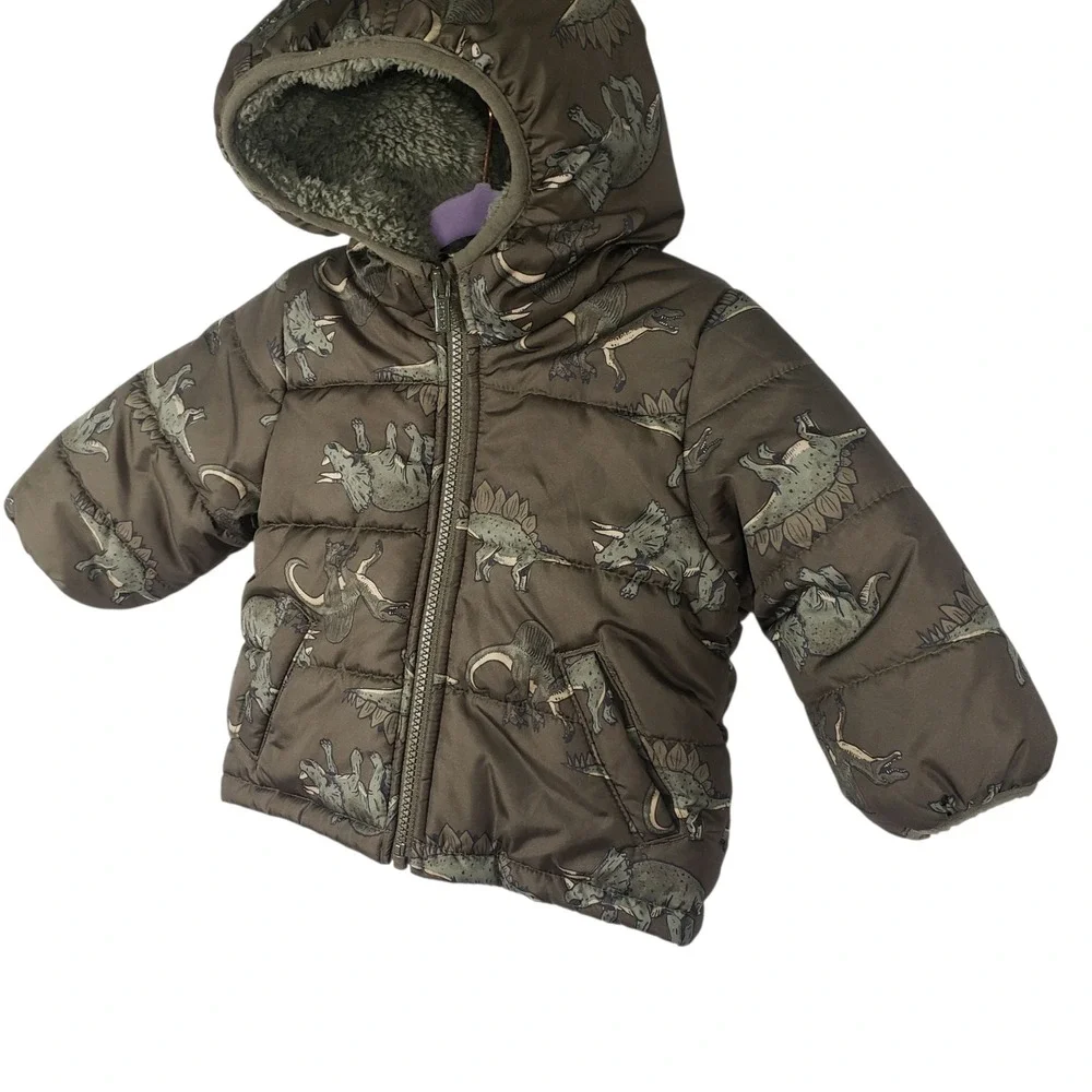 Carter's Dinosaur Puffer Jacket Kids‎ 12M Olive Green Winter Warm Coat